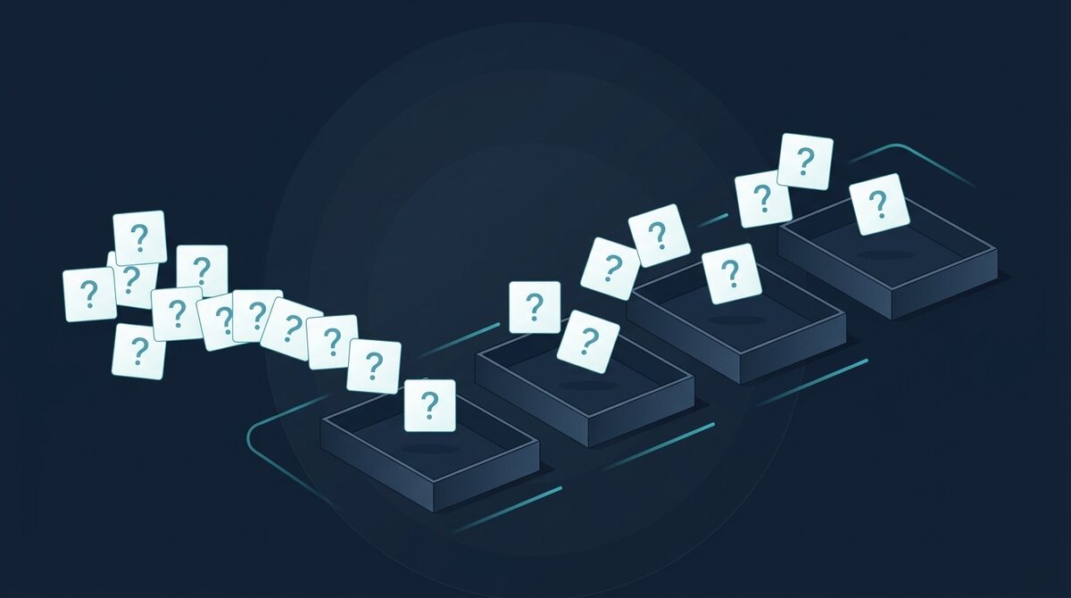 Illustration of twenty question cards being sorted along a path into four trays representing the awareness, consideration, decision, and post-decision stages of a purchase