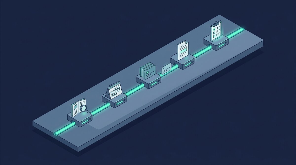 Illustration of a brief travelling along a lit path through five inspection stations: a source document under a magnifier, a calendar, three matching cards, a document with a highlighted gap, and a checklist with a final check