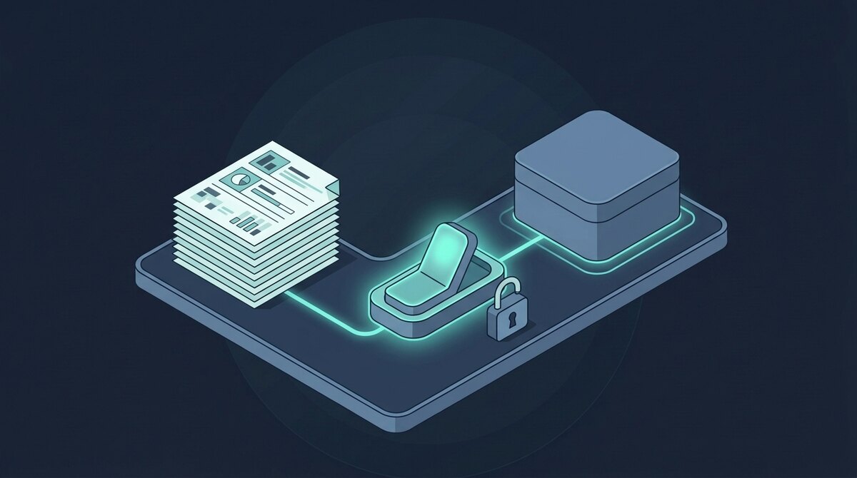 Illustration of research notes connected to a CRM through a locked switch: nothing is written until you turn write-back on