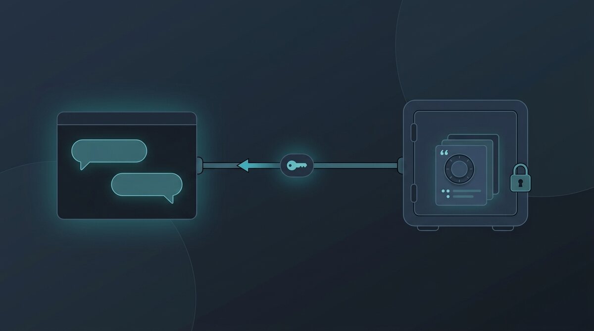 An assistant chat window connected by a single keyed cable to a locked vault holding cited documents, with the data flowing one way from the vault to the assistant