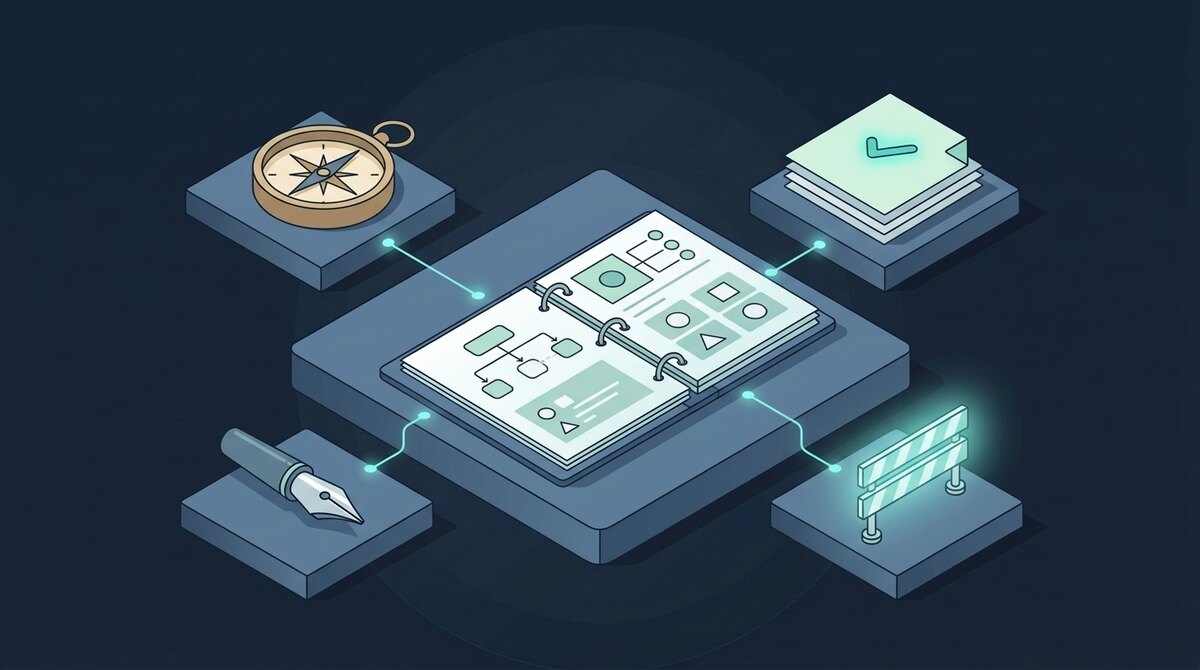 A team playbook binder at the center, wired to four objects on their own platforms: a compass, a stack of checked documents, a fountain pen, and a glowing guardrail