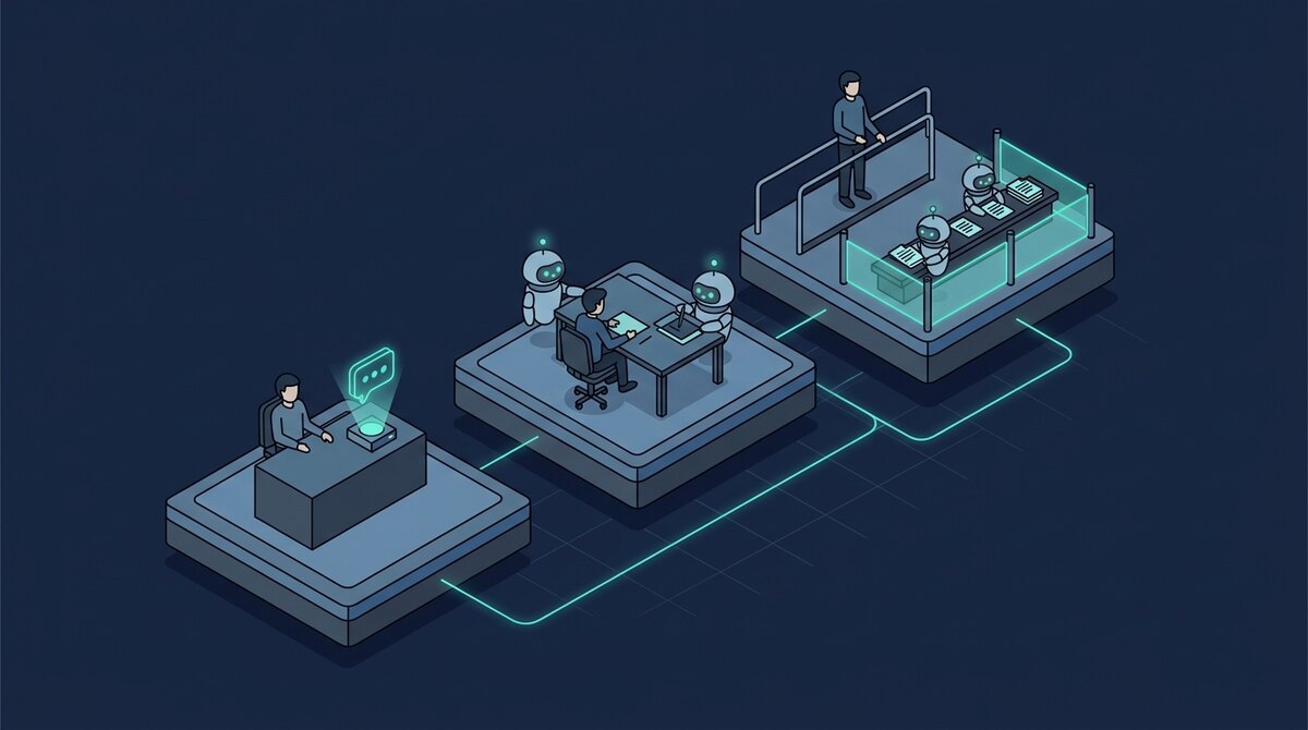 Three platforms stepping up: a person at a desk with a chat assistant, a person working at a table with two agent helpers, and a person overseeing agents running a document line inside guardrails