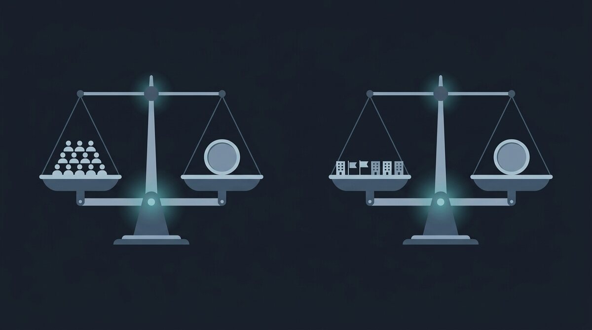 Two balance scales: on the left, a stack of user seats balances a coin, illustrating Klue's per-user pricing; on the right, a row of tracked competitors balances a coin, illustrating Crayon's competitor-based pricing